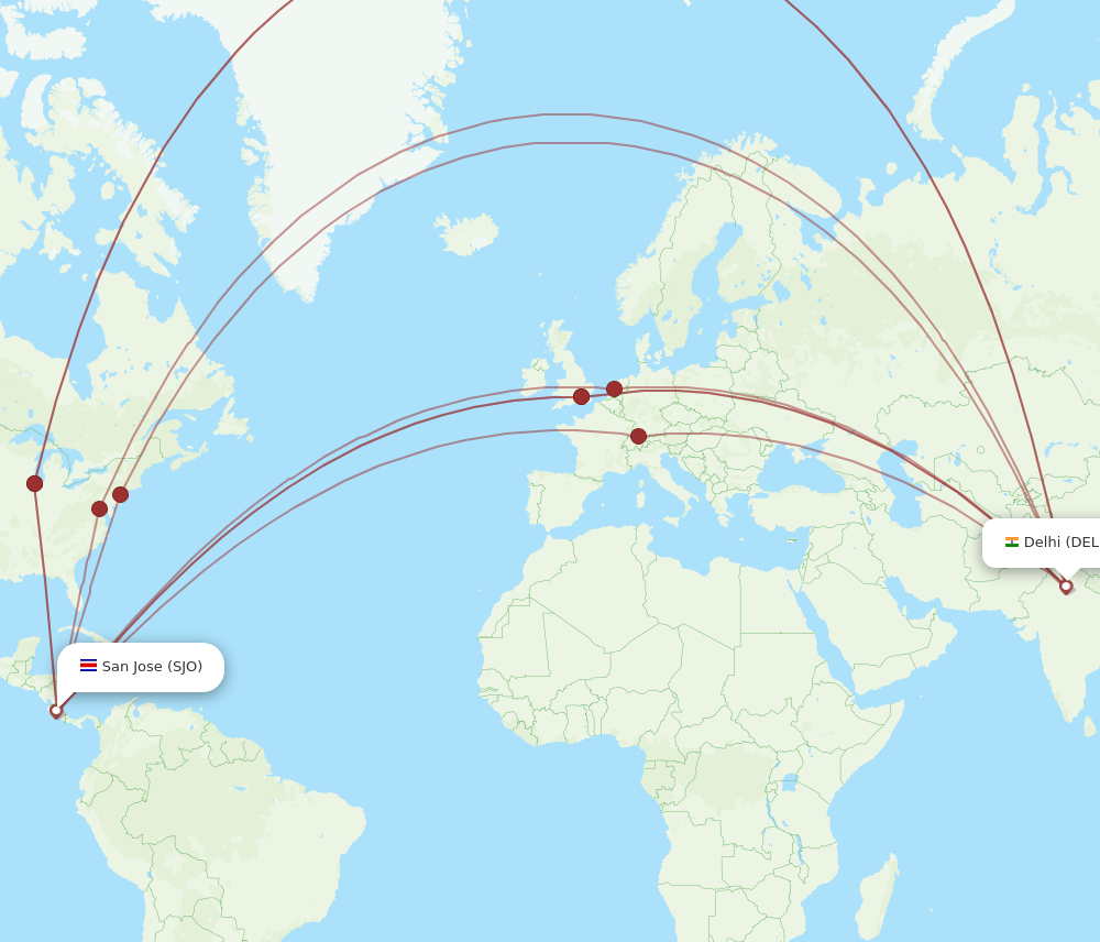 DEL to SJO flights and routes map