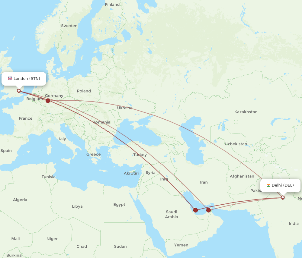 DEL to STN flights and routes map
