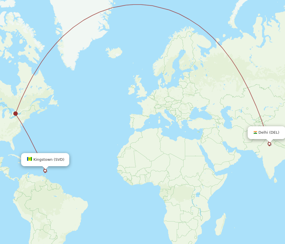 Saint Vincent - Delhi route map and flight paths