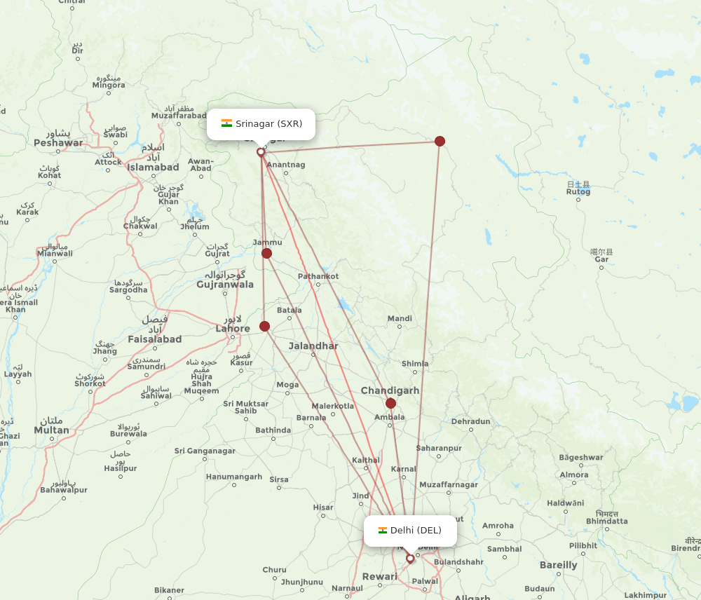 DEL to SXR flights and routes map