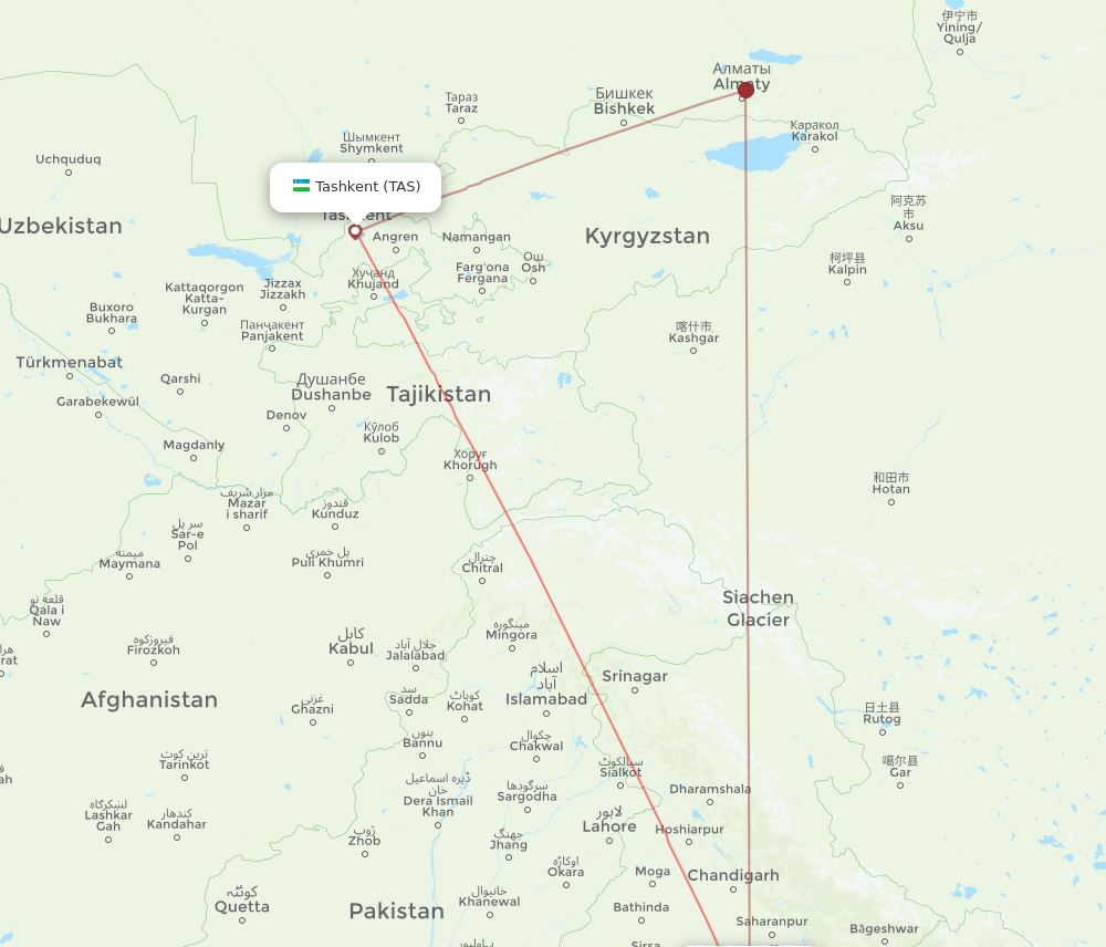 DEL to TAS flights and routes map