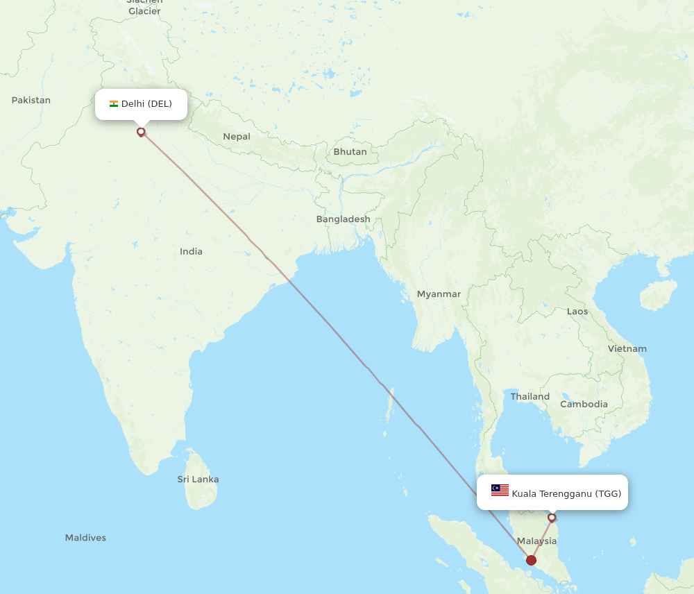 Kuala Terengganu - Delhi route map and flight paths