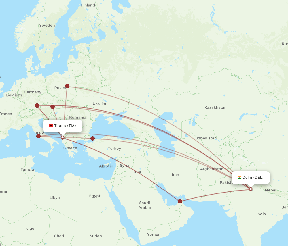 DEL-TIA flight routes