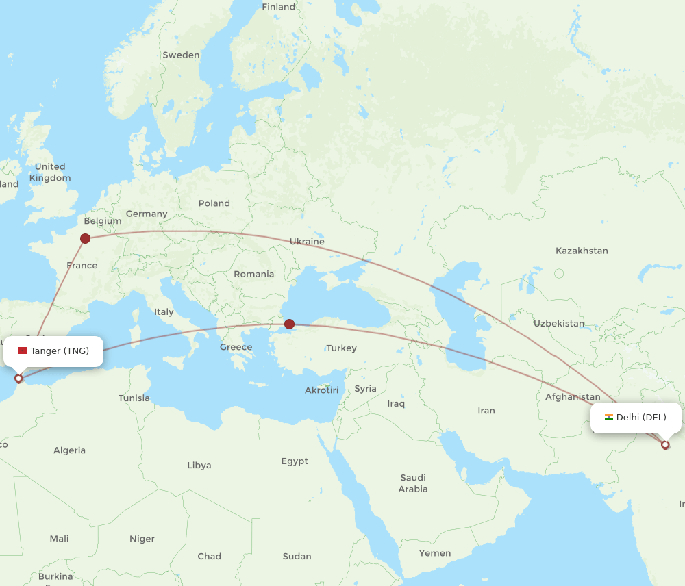 DEL-TNG flight routes