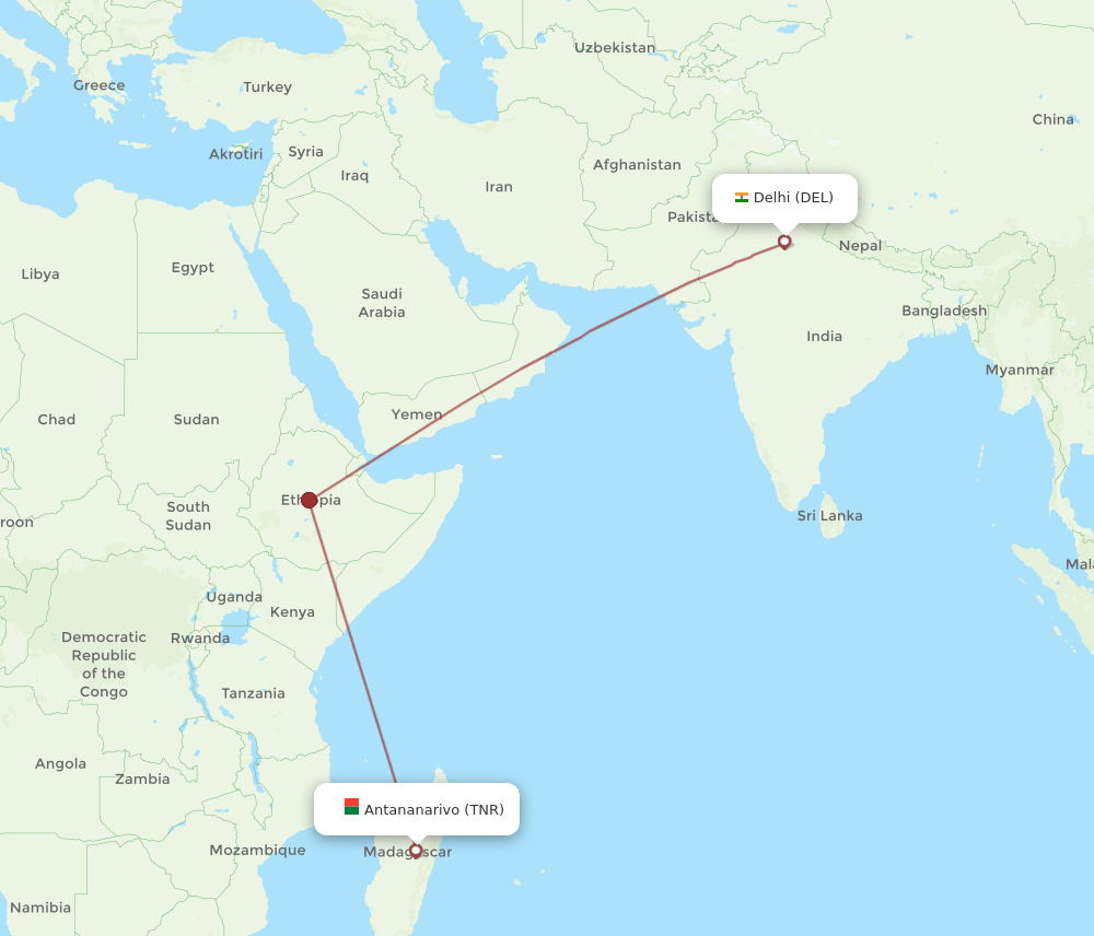 DEL to TNR flights and routes map