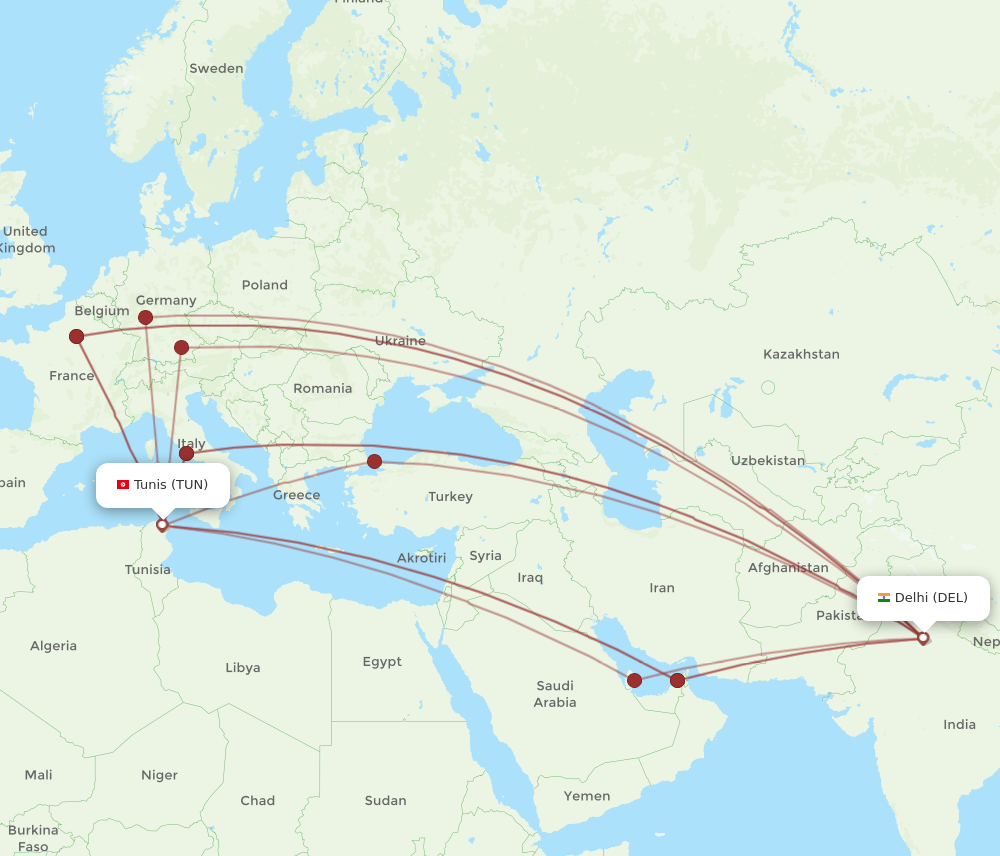 DEL to TUN flights and routes map
