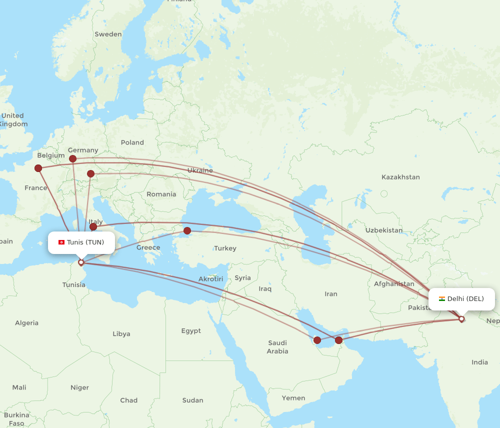 DEL-TUN flight routes