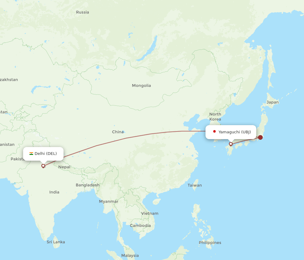 DEL-UBJ flight routes