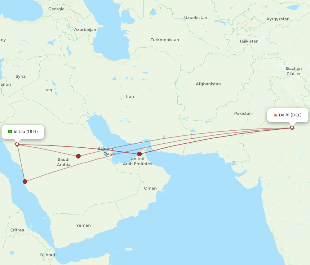 DEL to ULH flights and routes map