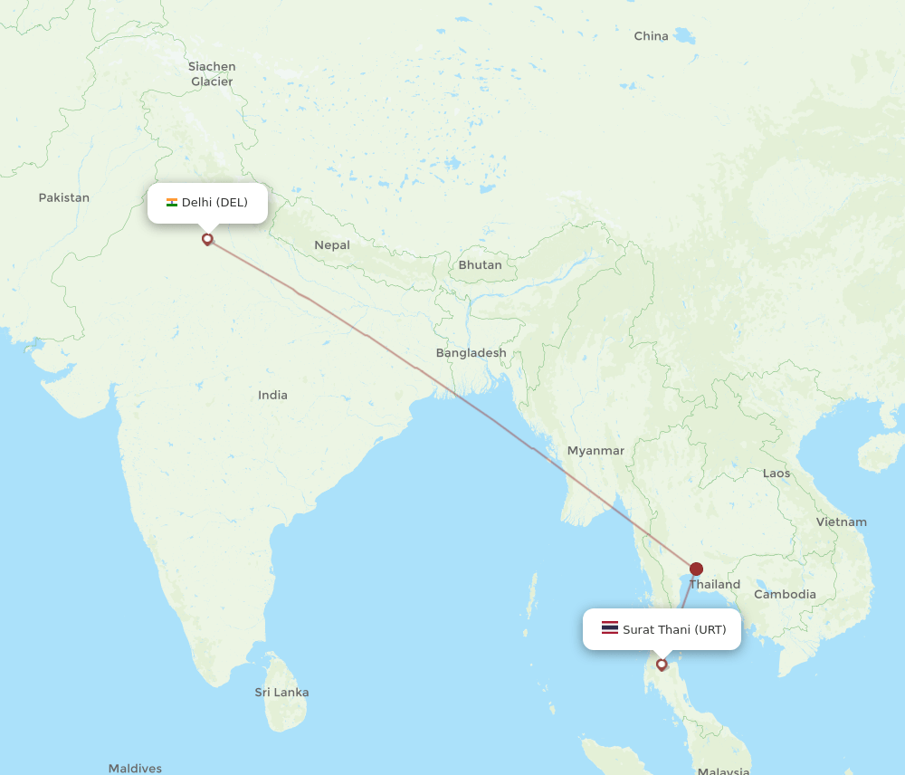 Delhi - Surat Thani route map and flight paths