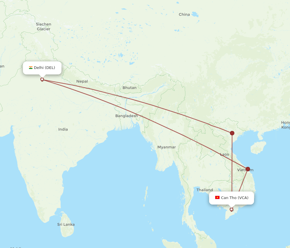 Delhi - Can Tho route map and flight paths