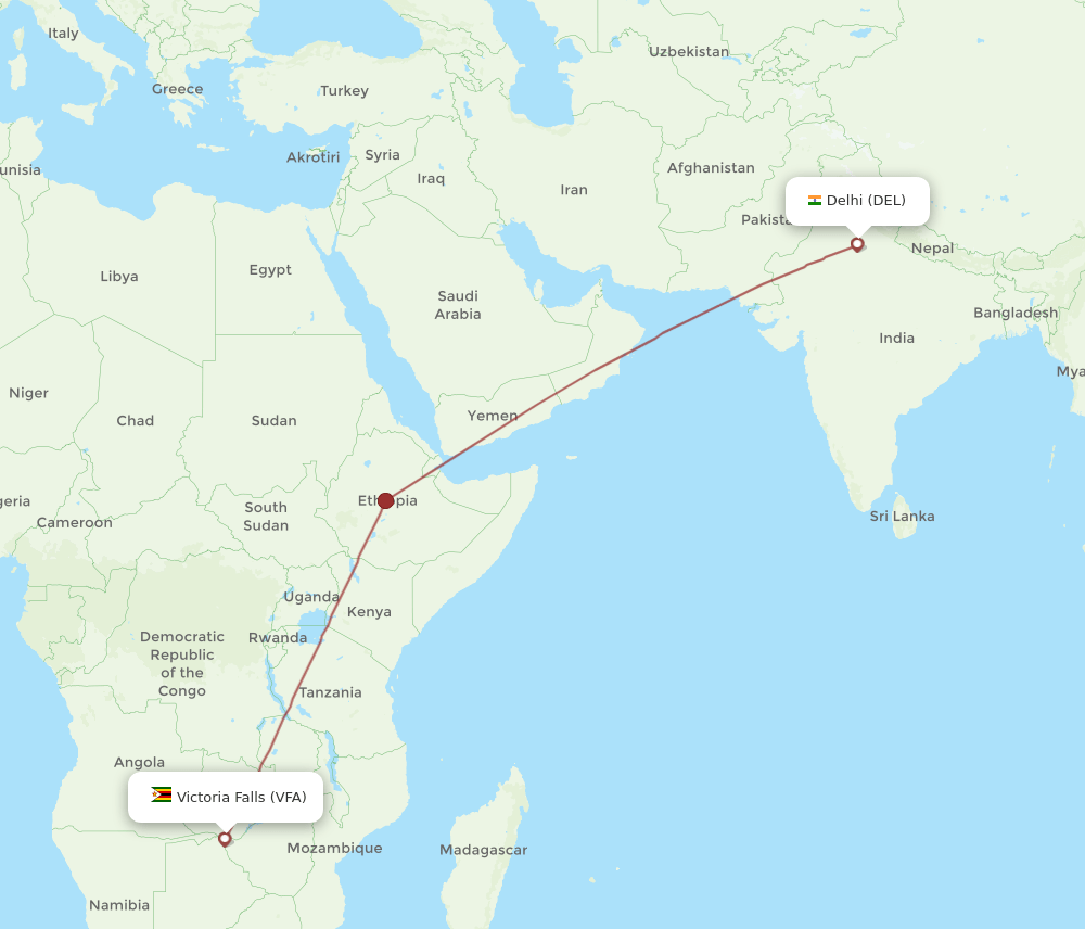 Victoria Falls - Delhi route map and flight paths