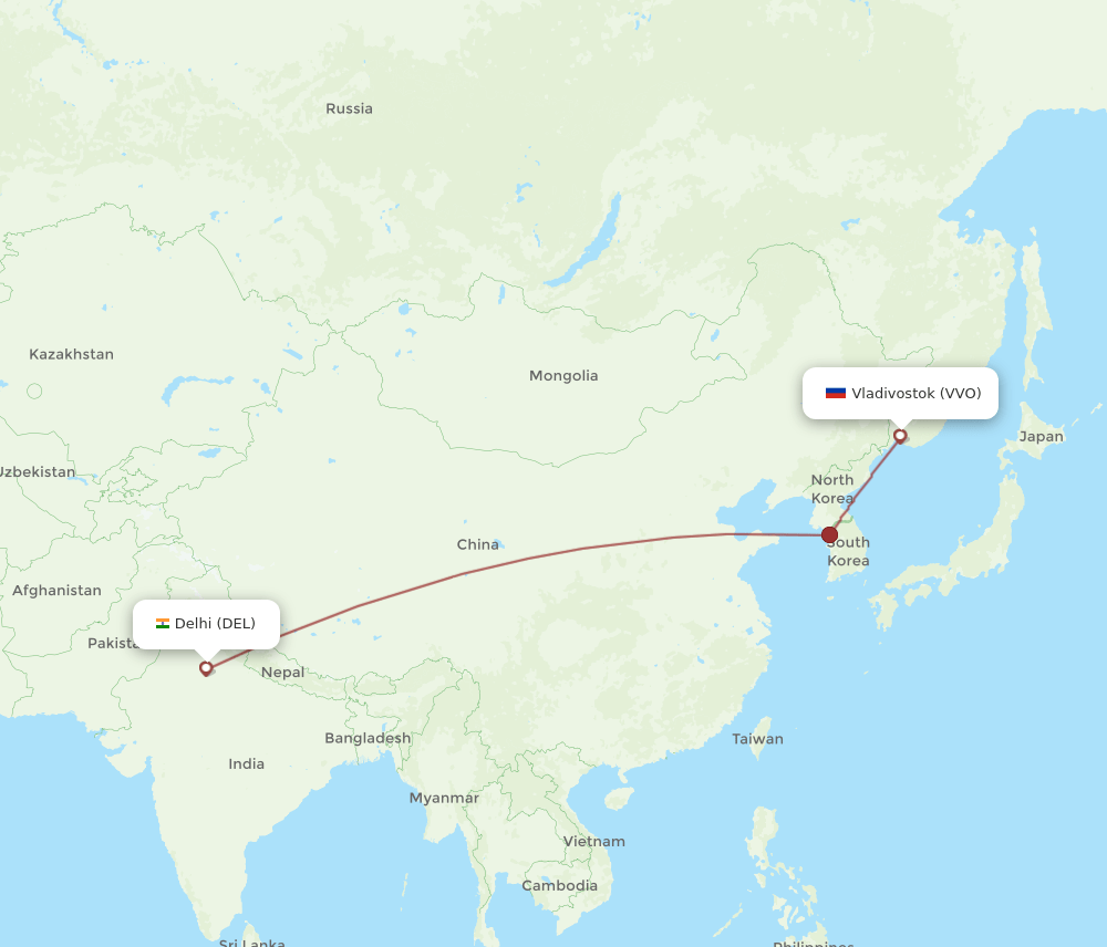 Vladivostok - Delhi route map and flight paths