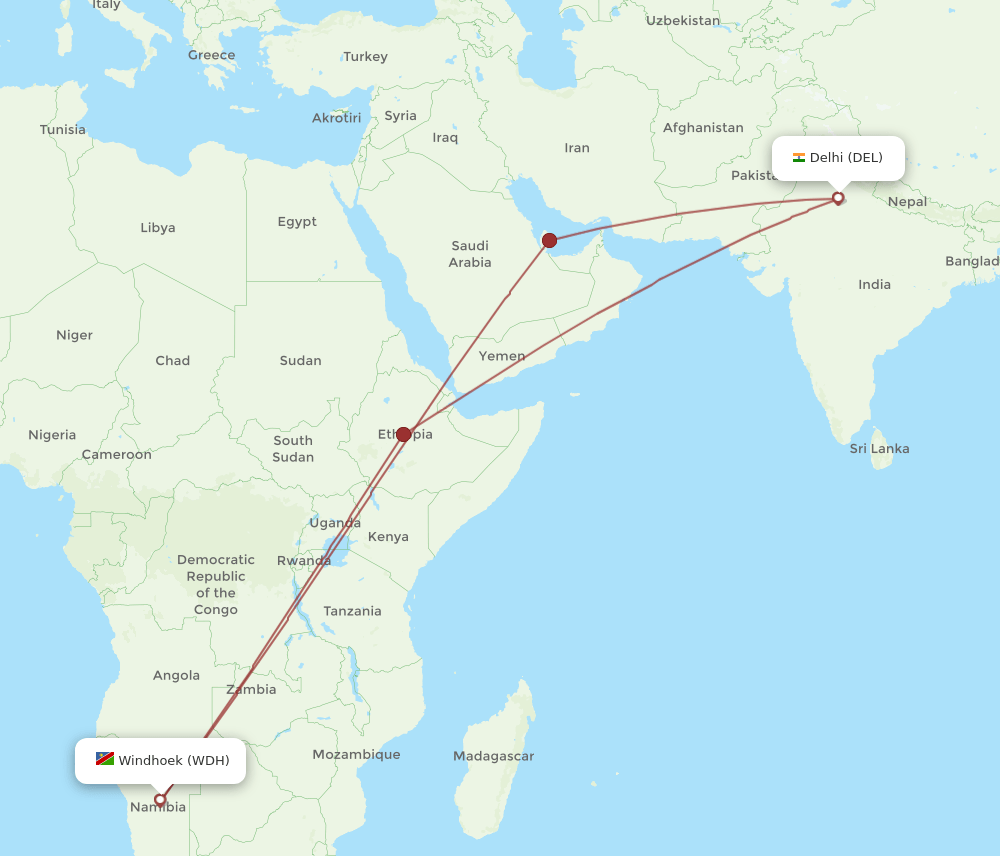 DEL-WDH flight routes