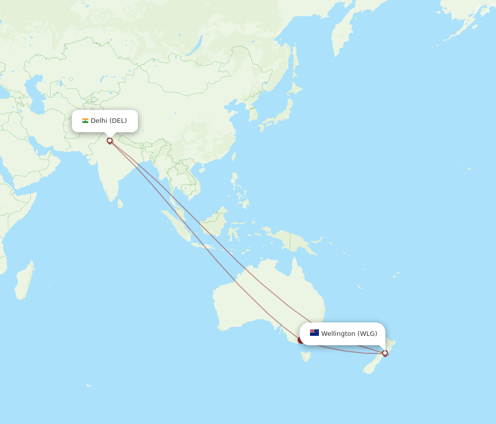 Delhi - Wellington route map and flight paths