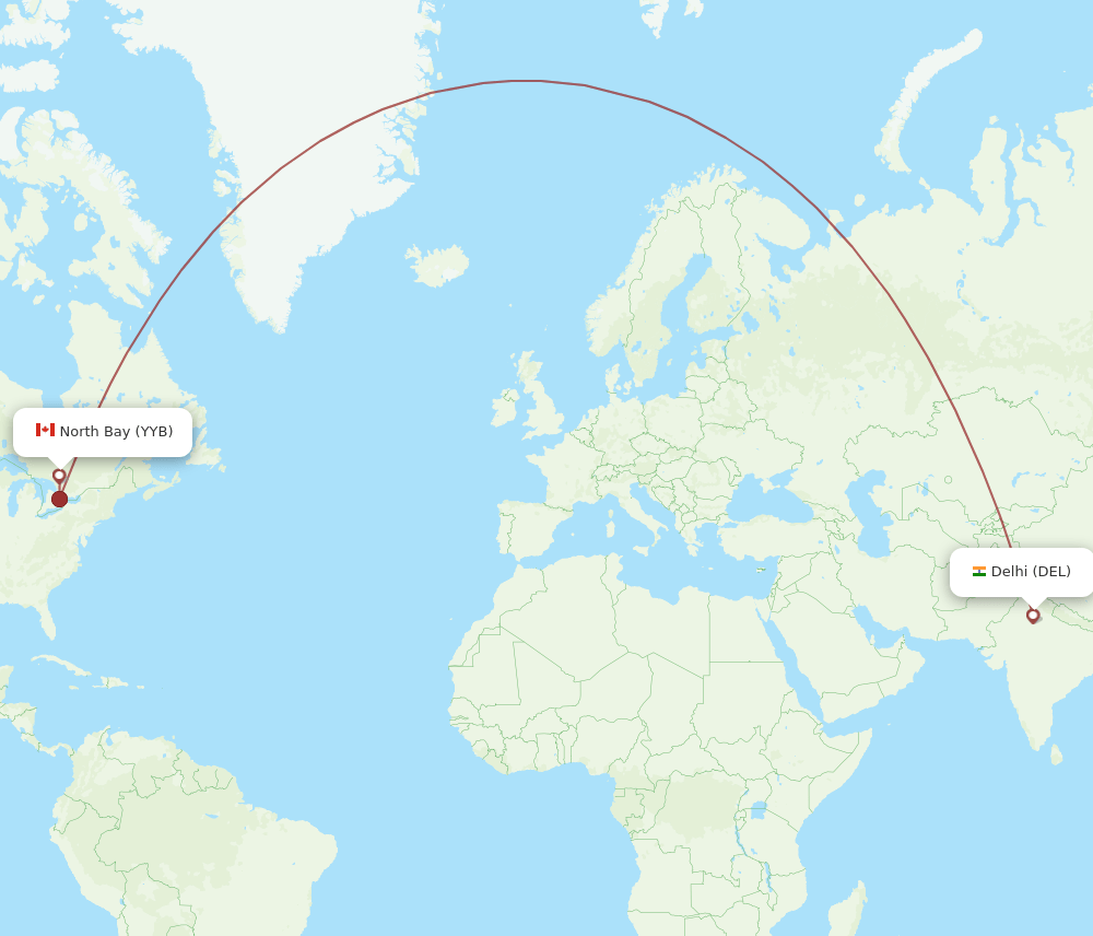 North Bay - Delhi route map and flight paths