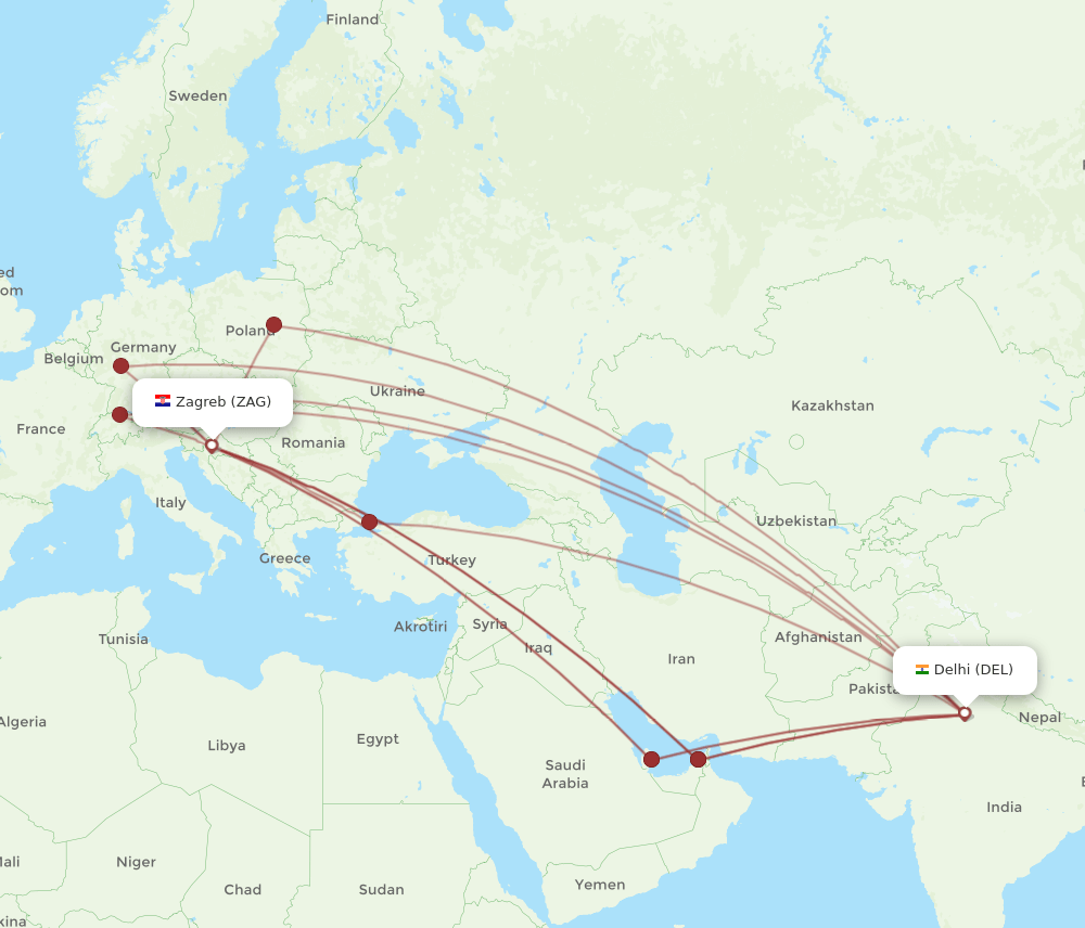DEL-ZAG flight routes