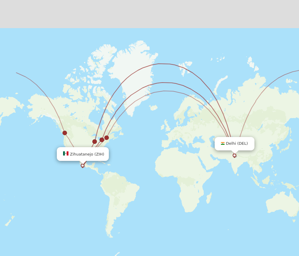 Ixtapa/Zihuatanejo - Delhi route map and flight paths