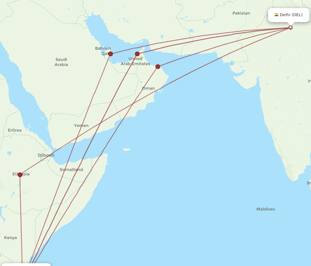 Zanzibar - Delhi route map and flight paths