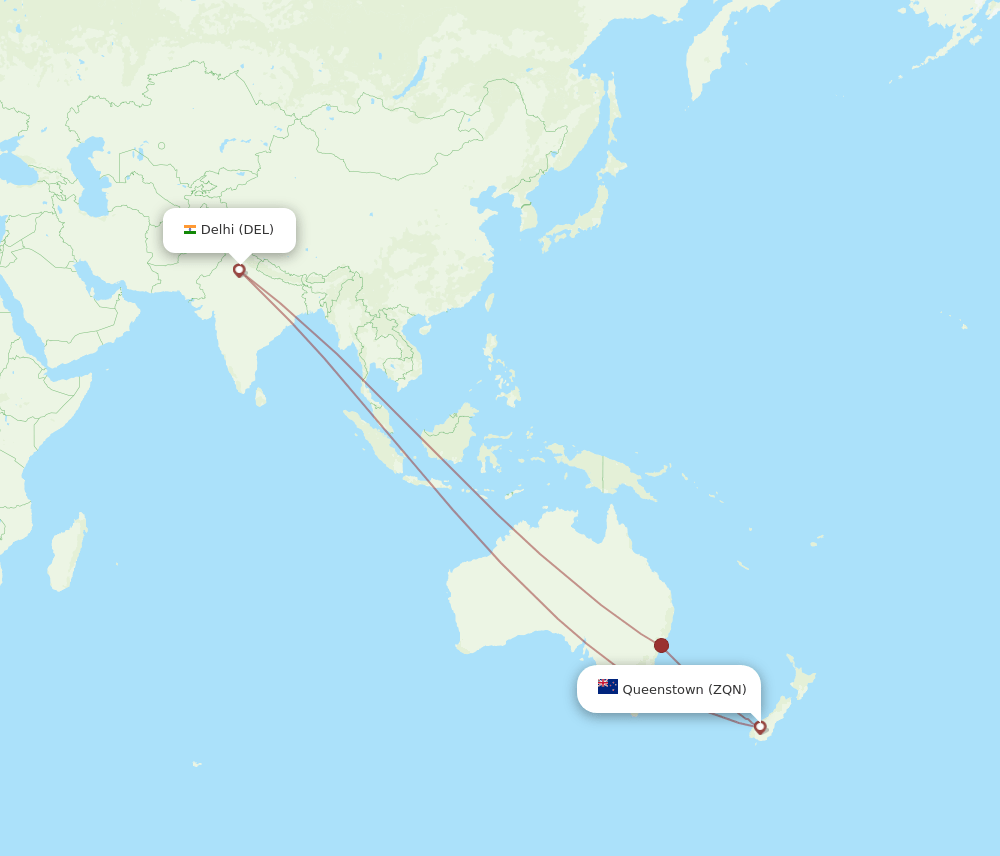ZQN to DEL flights and routes map
