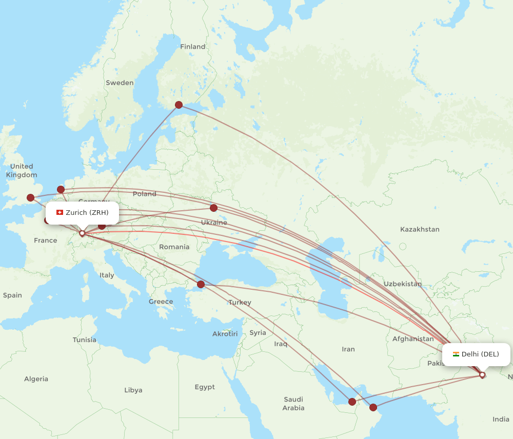 DEL to ZRH flights and routes map
