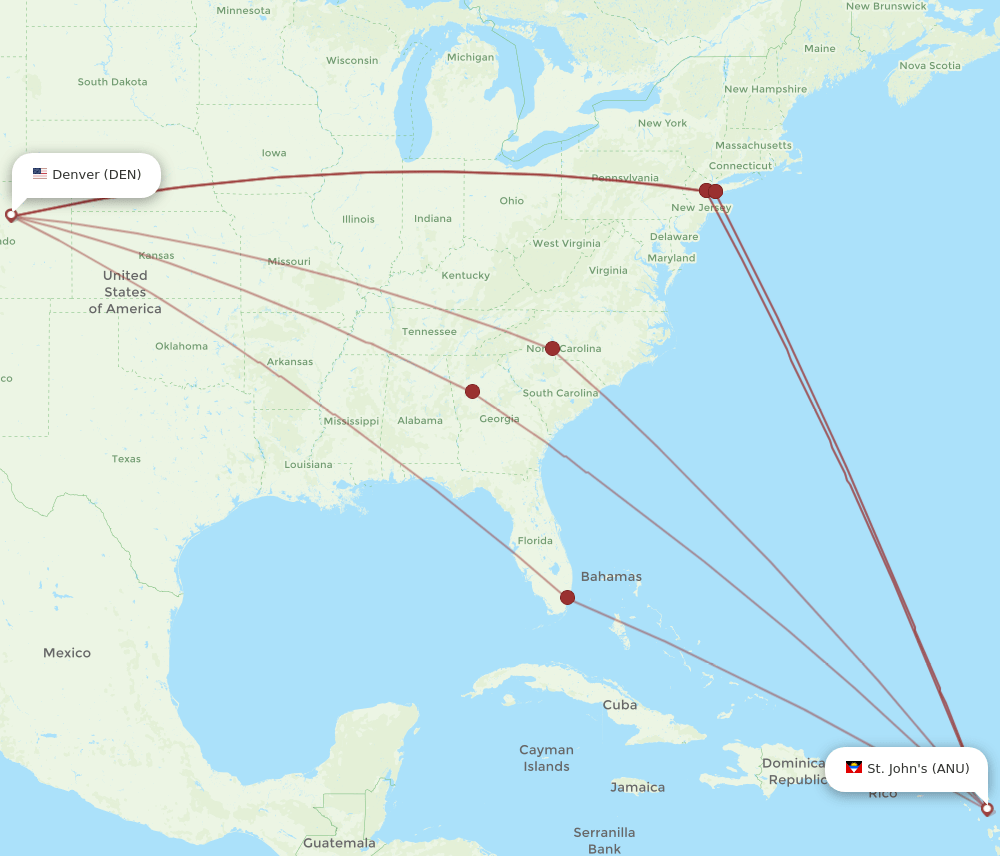 DEN to ANU flights and routes map