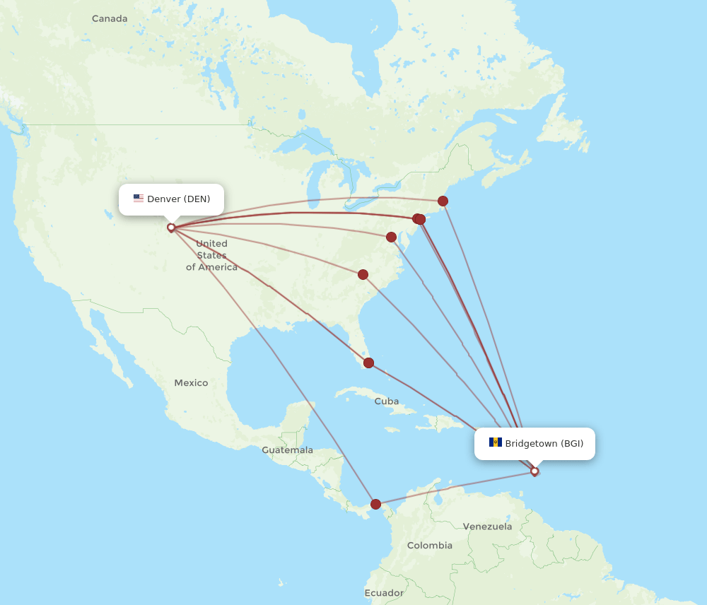 DEN to BGI flights and routes map
