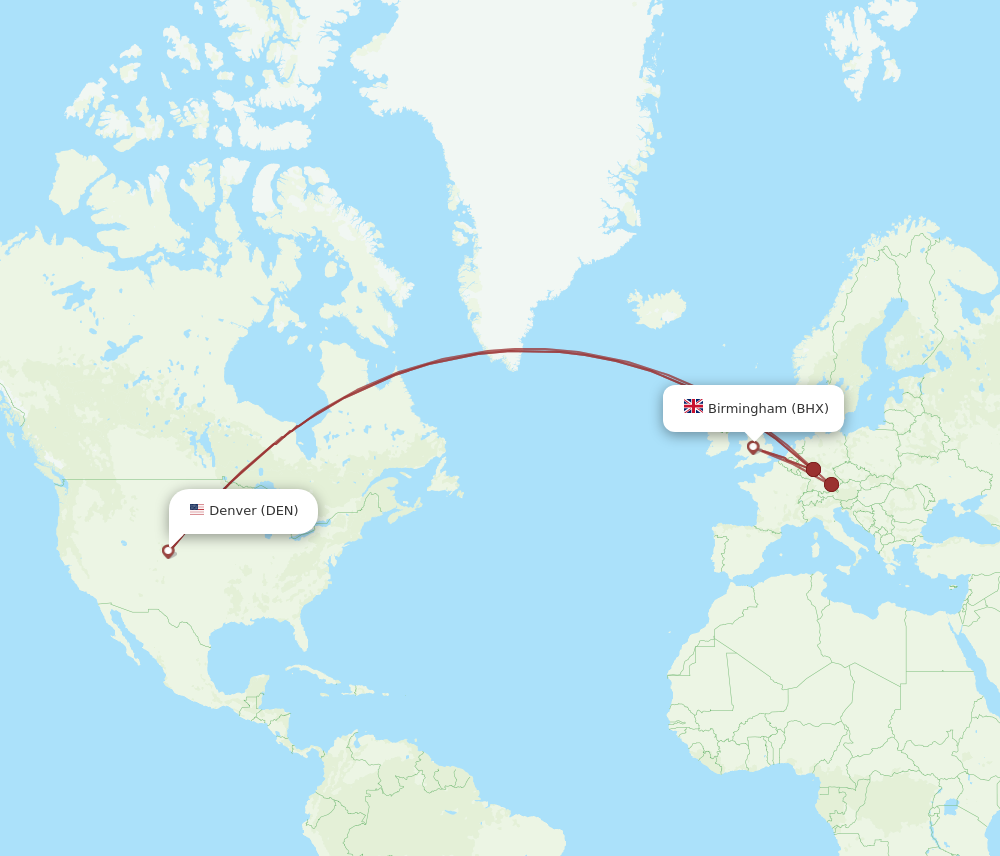 DEN to BHX flights and routes map