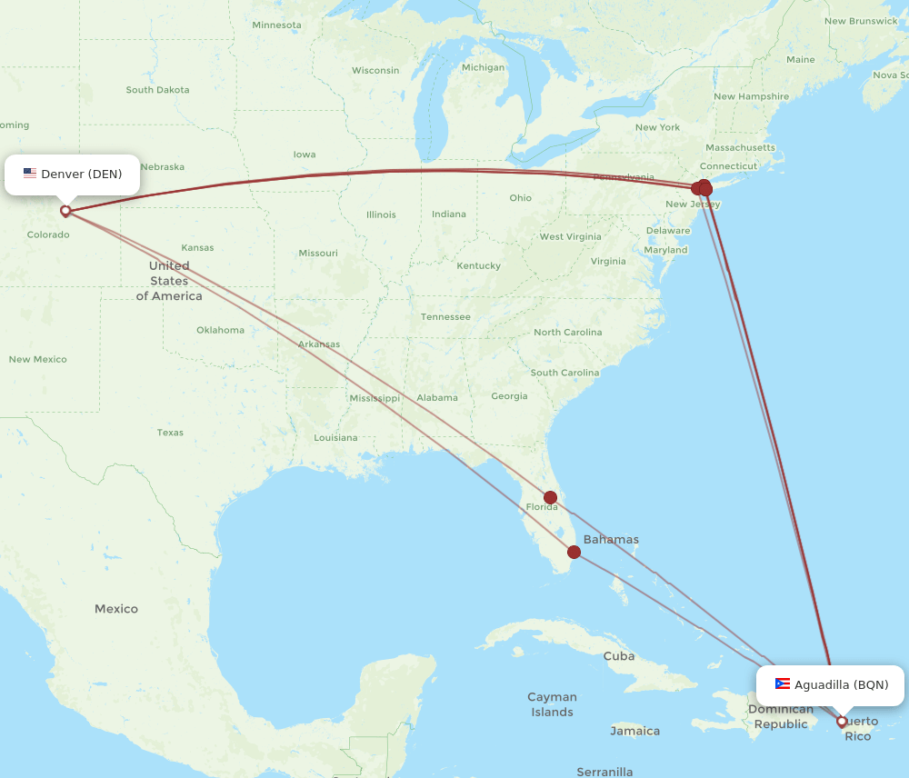 DEN to BQN flights and routes map