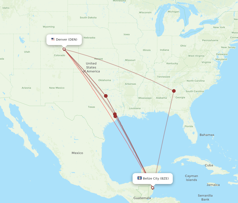 DEN to BZE flights and routes map