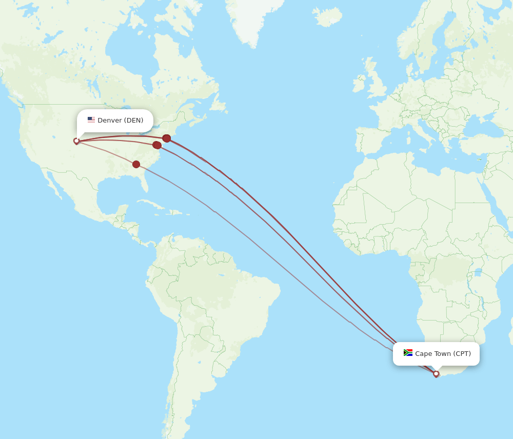 DEN to CPT flights and routes map