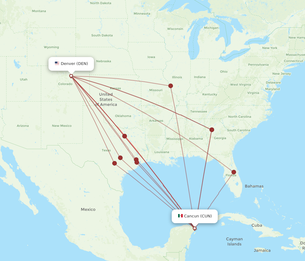 DEN to CUN flights and routes map
