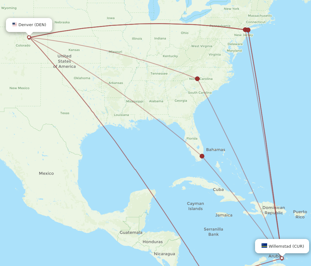 DEN to CUR flights and routes map