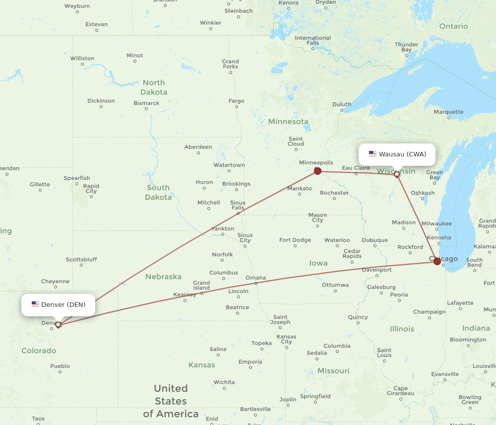DEN to CWA flights and routes map