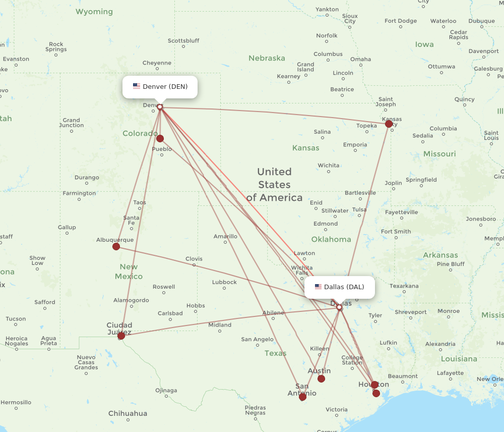 DEN to DAL flights and routes map