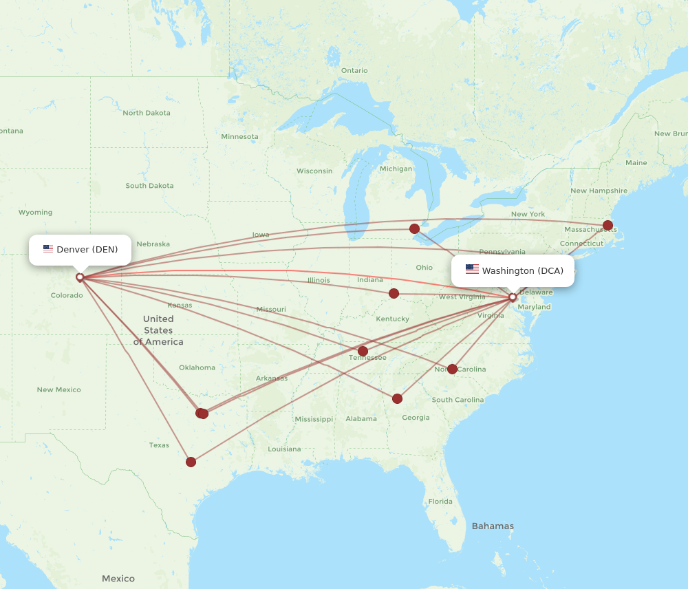 DEN to DCA flights and routes map