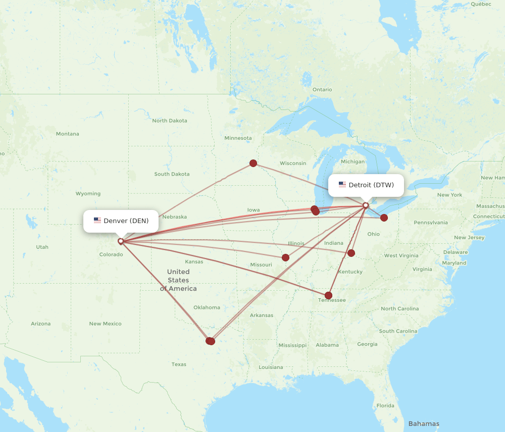 DEN to DTW flights and routes map