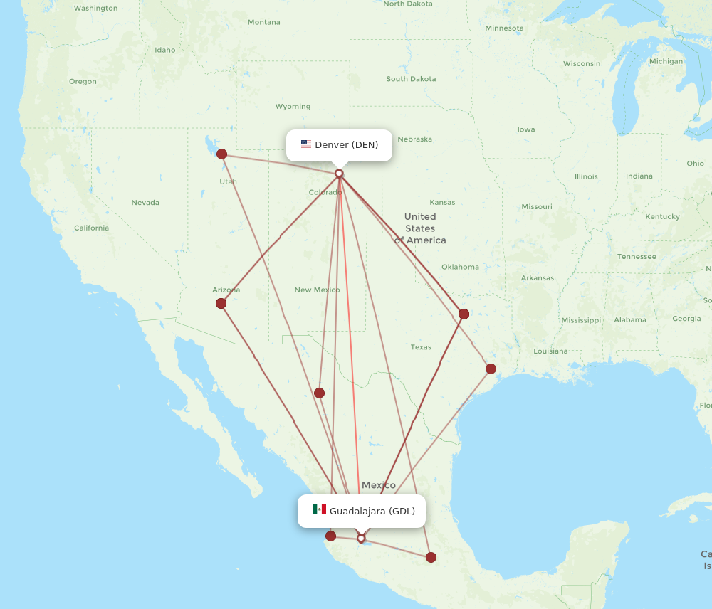 DEN to GDL flights and routes map