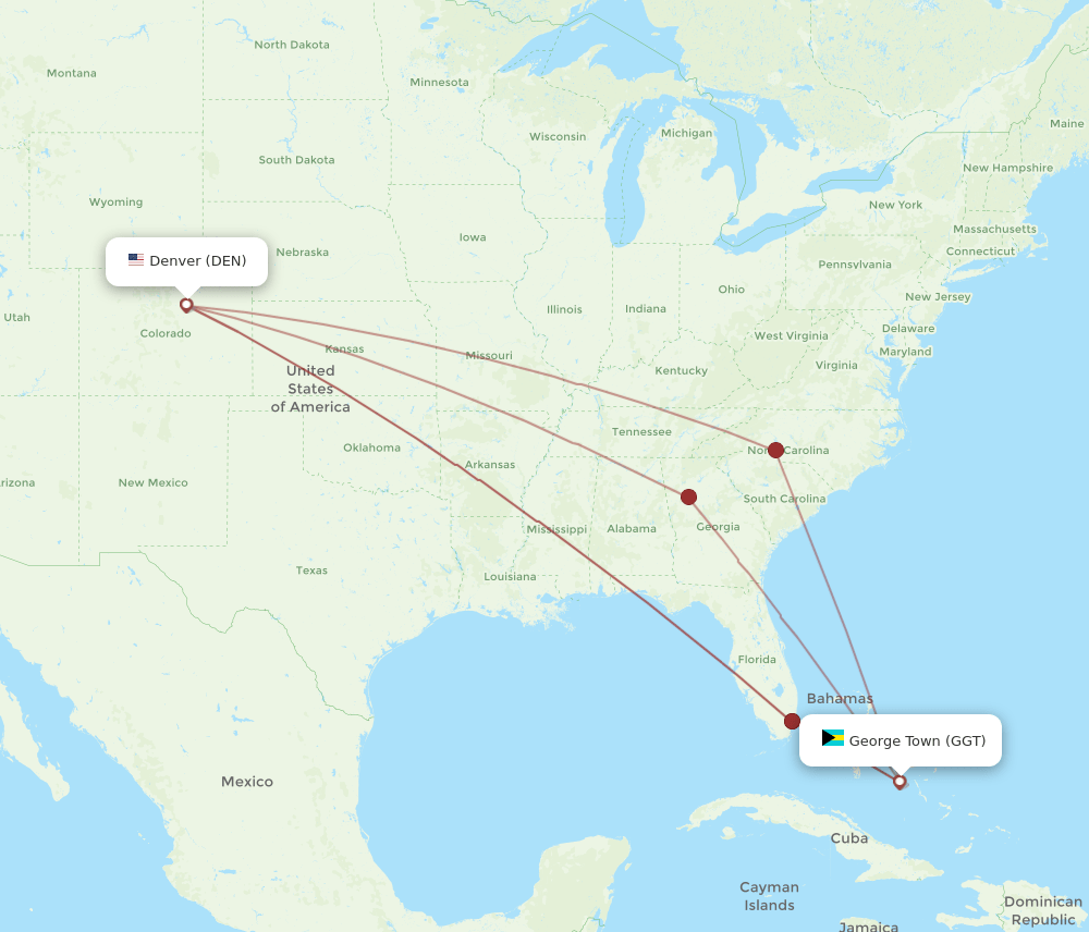 DEN to GGT flights and routes map