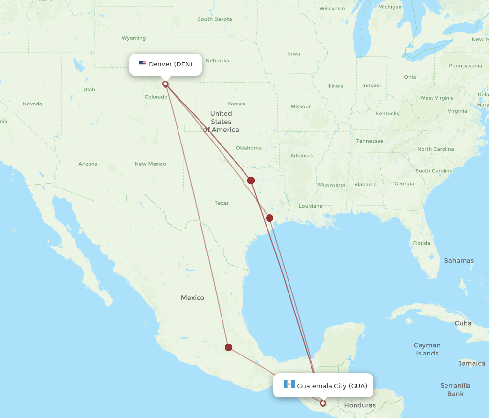 DEN to GUA flights and routes map