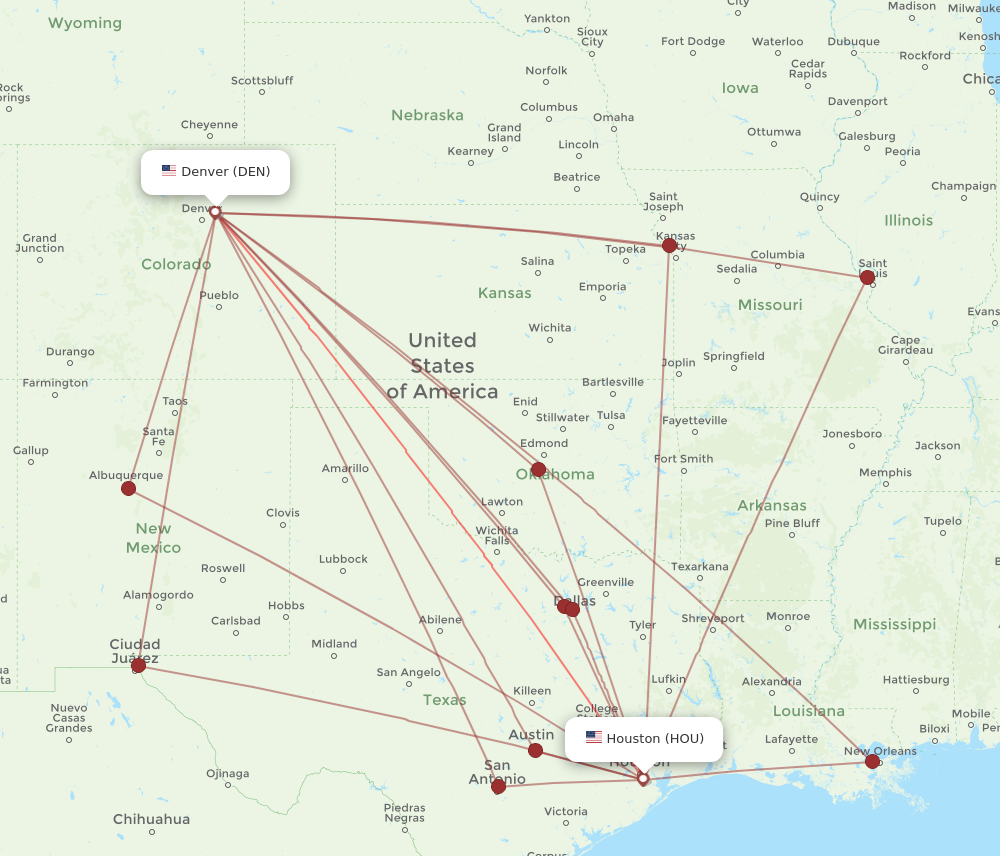DEN to HOU flights and routes map