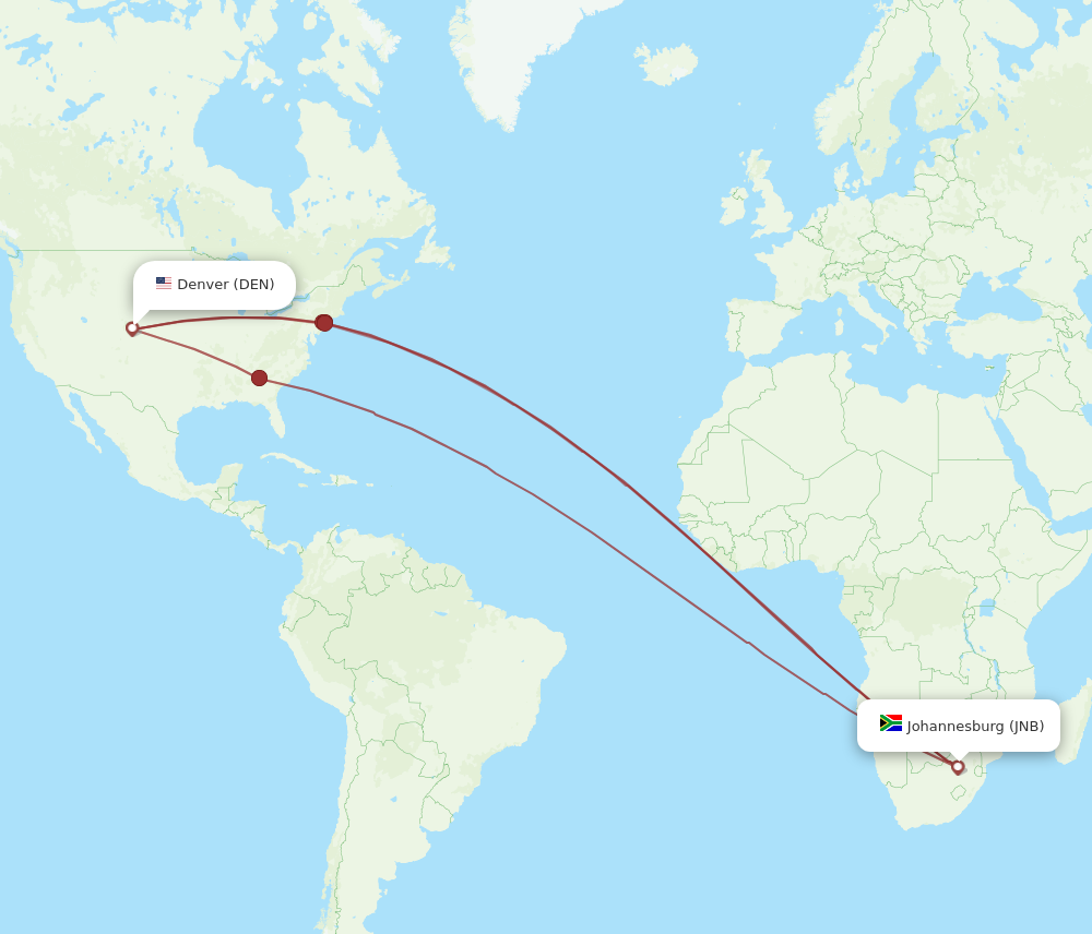 DEN to JNB flights and routes map