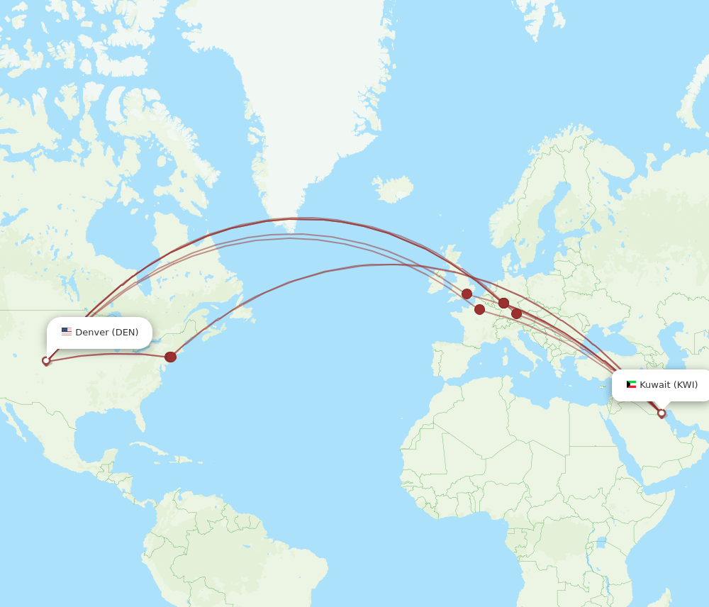 DEN-KWI flight routes