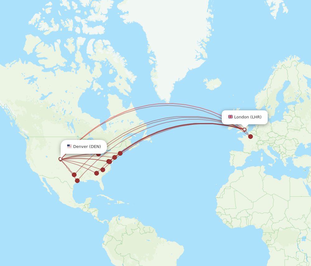 DEN to LHR flights and routes map