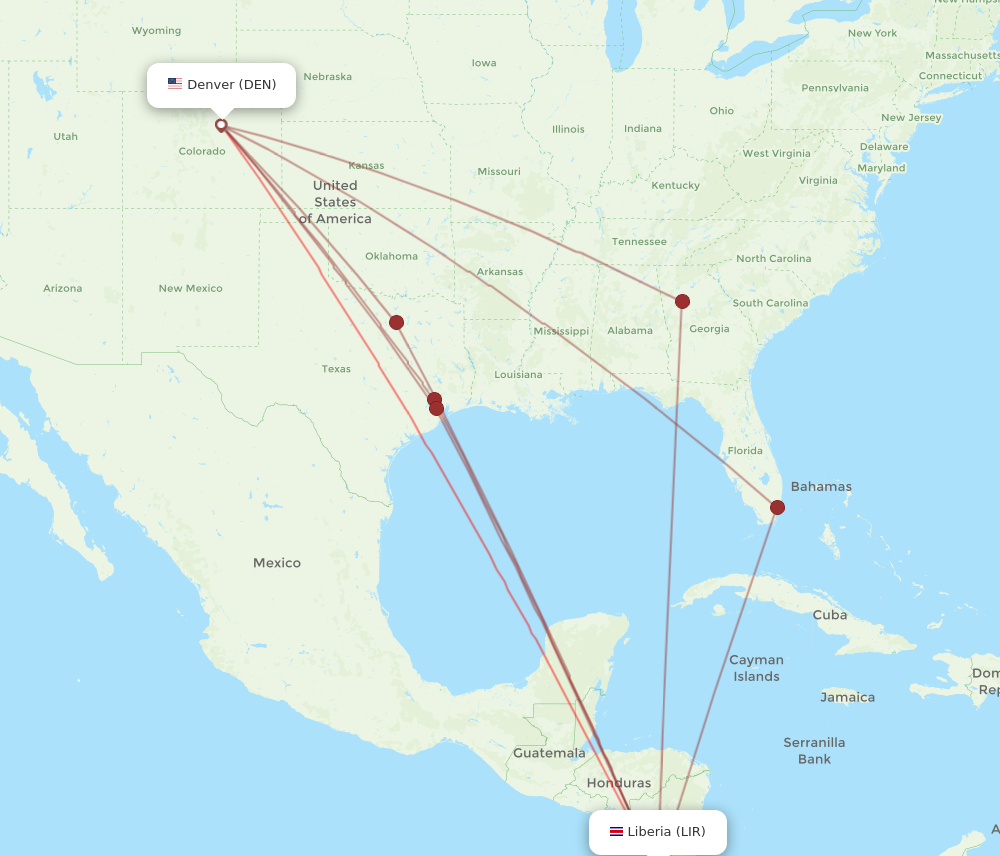 DEN to LIR flights and routes map