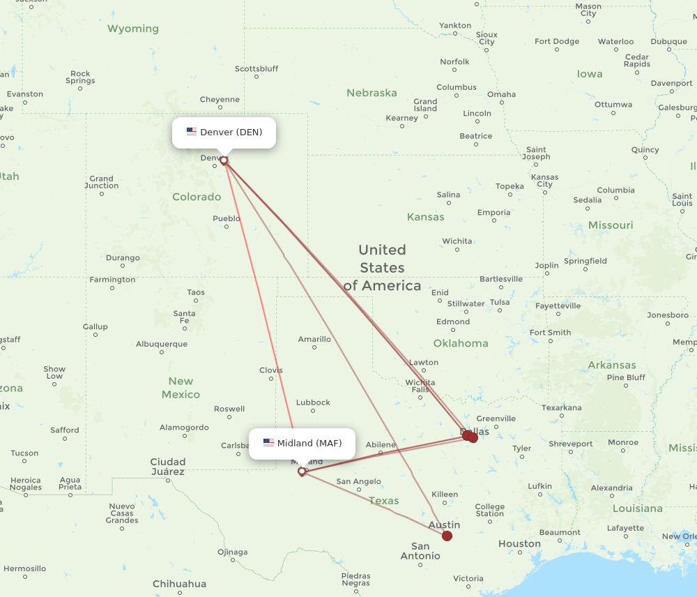 DEN to MAF flights and routes map