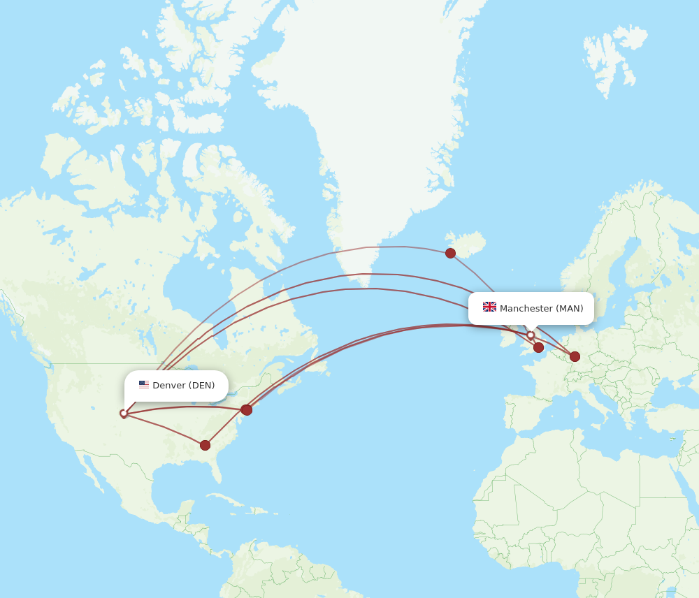 DEN to MAN flights and routes map