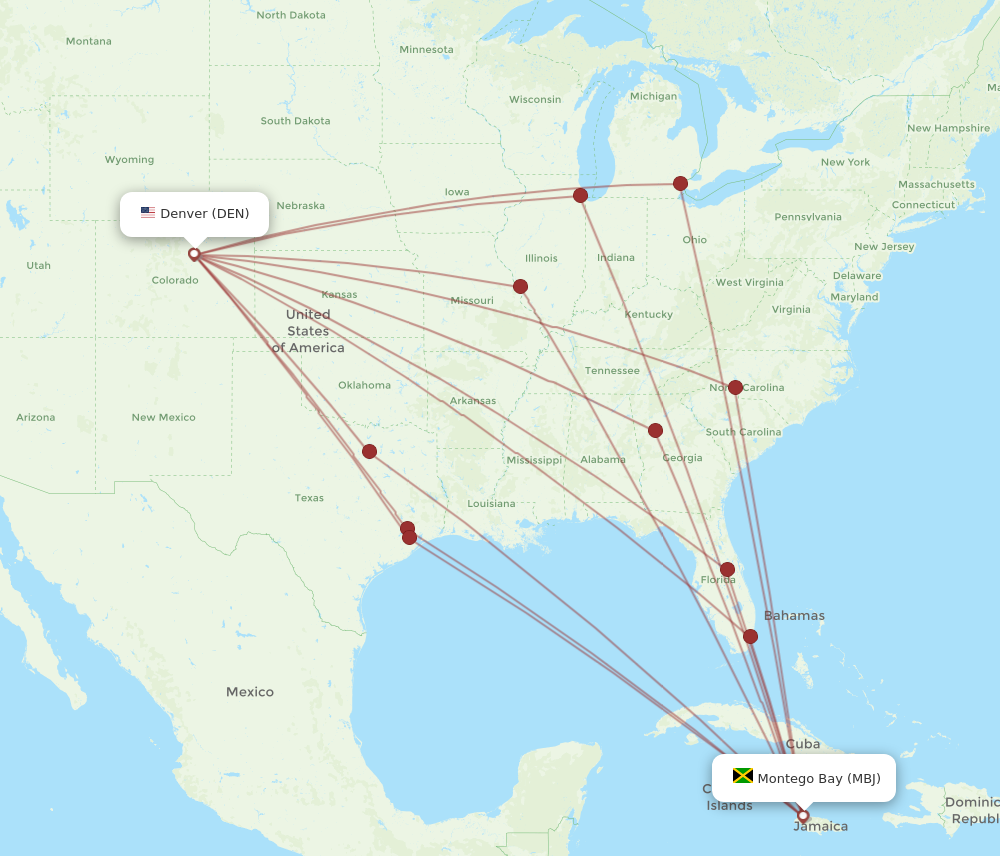 DEN to MBJ flights and routes map