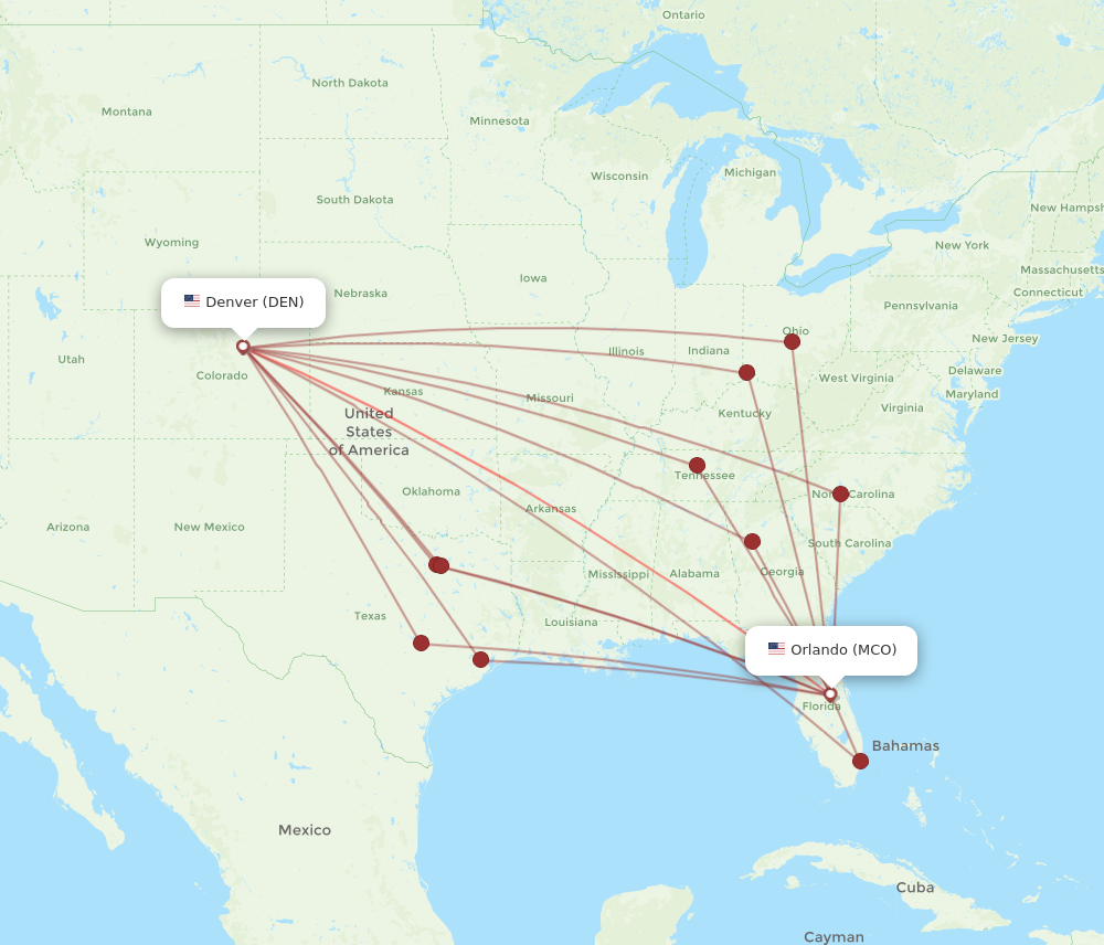DEN to MCO flights and routes map