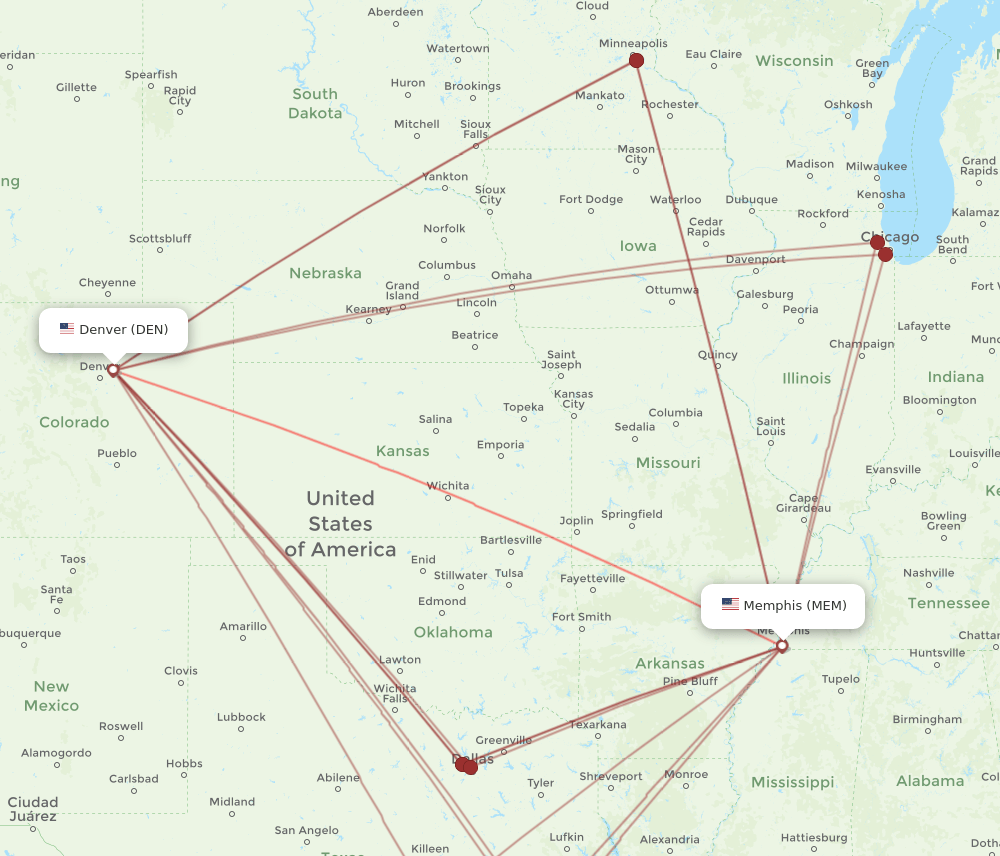 DEN-MEM flight routes